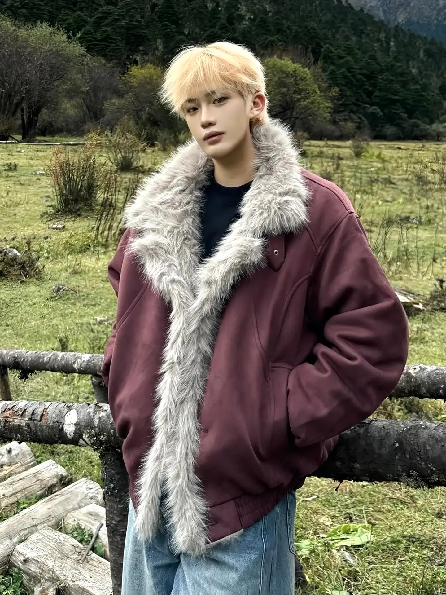 

American Style Thickened Winter Cotton Jacket Men's Coat Warmth Fur Collar Standard Fit Casual Wear Long Sleeve Zipper Closure