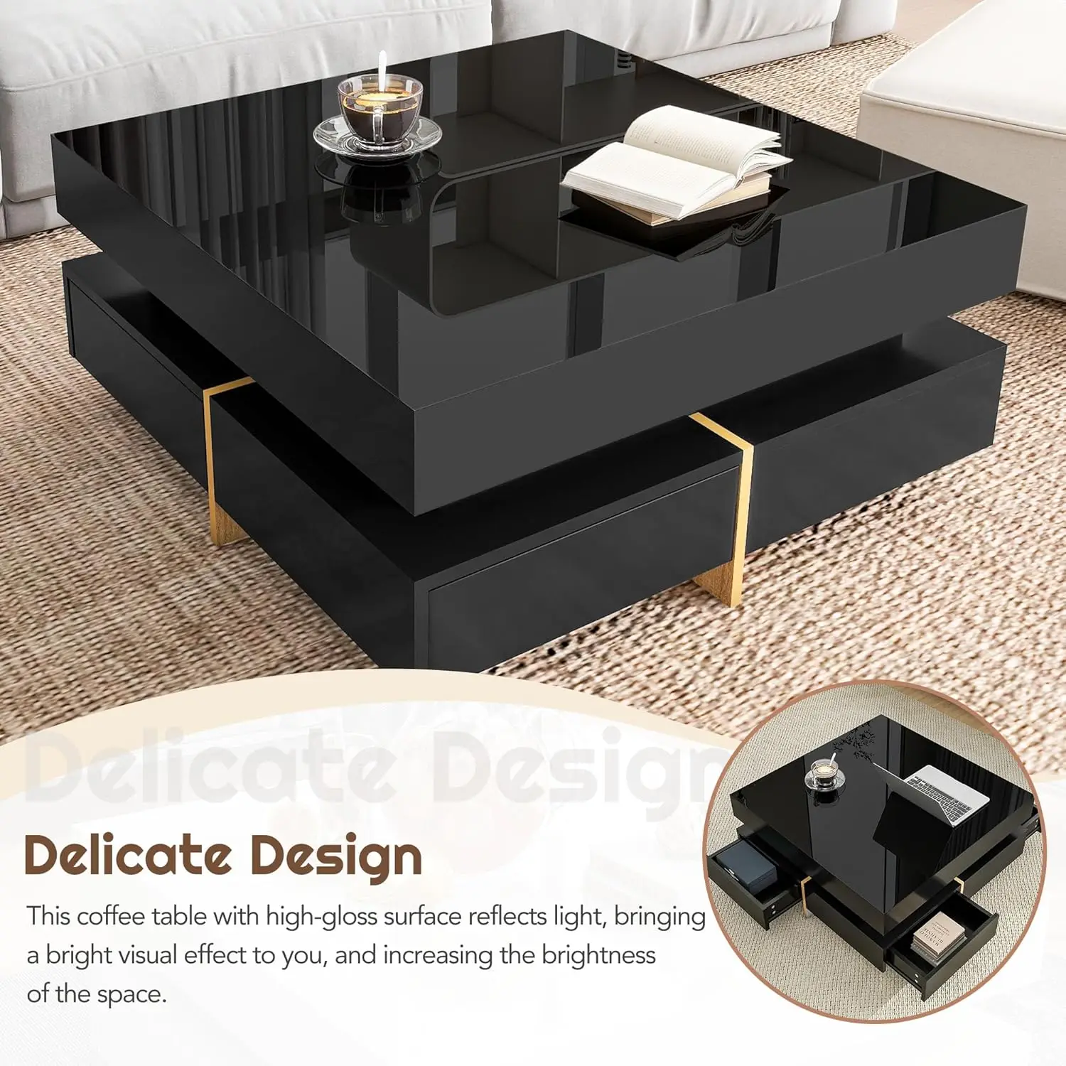 31.5"x31.5" ModernHighGlossSquareCoffee Table - 4-DrawerMulti-Storage Cocktail Table with Wood Grain Legs for Living Room, Black