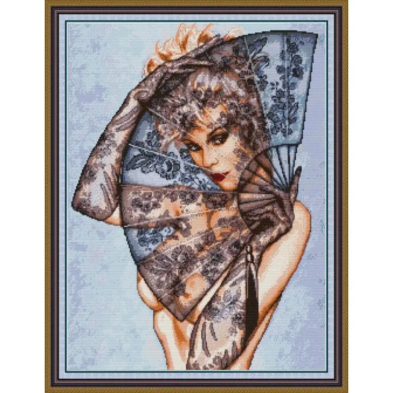 

Sexy Beauty and Folding Fan Cross Stitch Kit Character Pattern Printing 11CT 14CT Needlework Embroidery Wall Decoration Painting