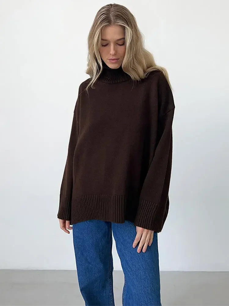 Women's Turtleneck Oversize Cashmere Sweaters Vintage Long Sleeve Knitted Red Brown Sweater Pullover 2024 New All-match Knitwear