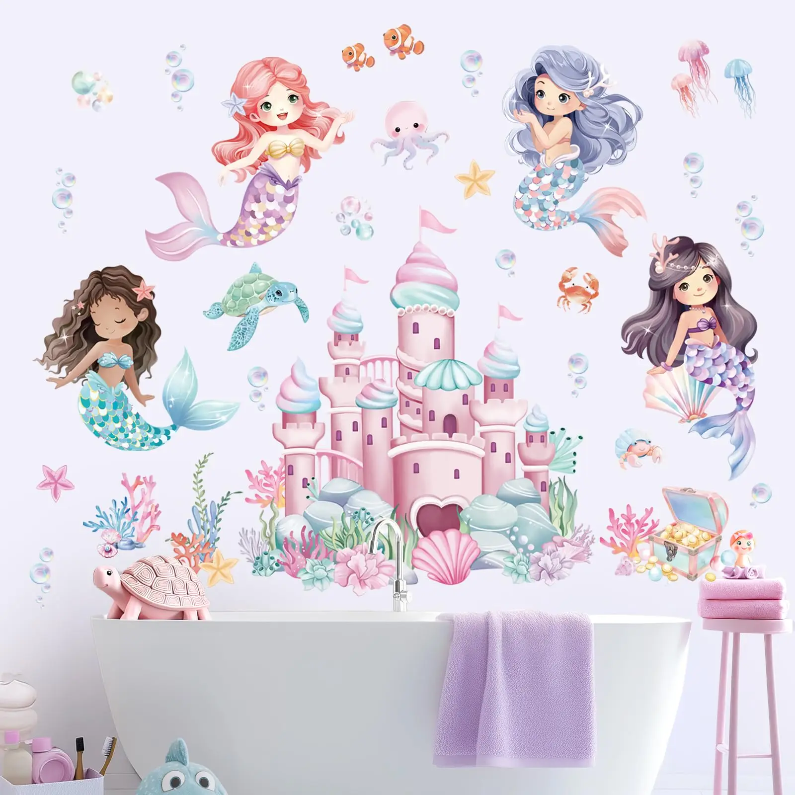 Under The Sea Mermaid Castle Wall Stickers Ocean Creature Seaweed Bubble Wall Decals Bedroom Living Room Playroom Decor