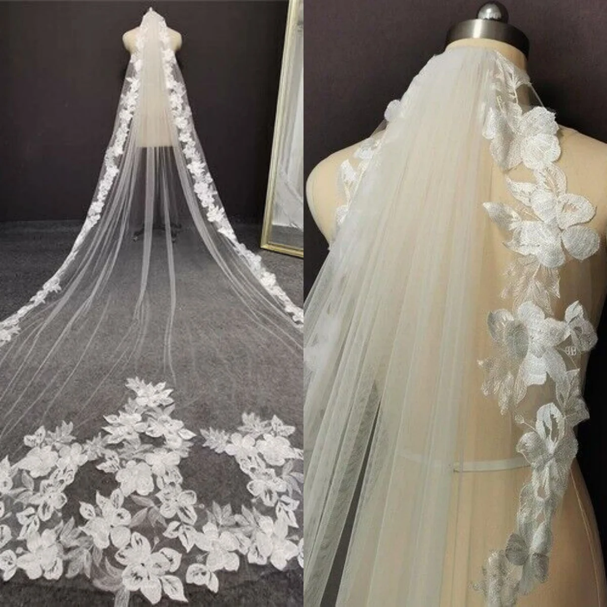 

Modern Wedding Veil Appliques One Layer Long Cathedral Length Veils Applique Edge Velo De Cabeza For Bride Voile Customized