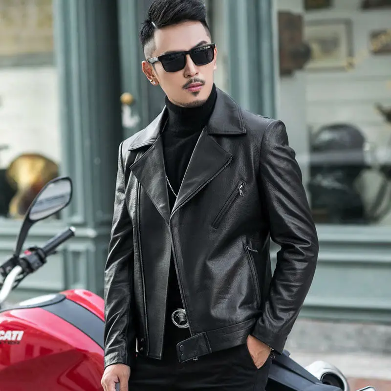 

2022 Spring Autumn Men New Real Leather Short Jackets Male Genuine Sheepskin Leather Coats Men Slim Lapel Motorcycle Outwear W10