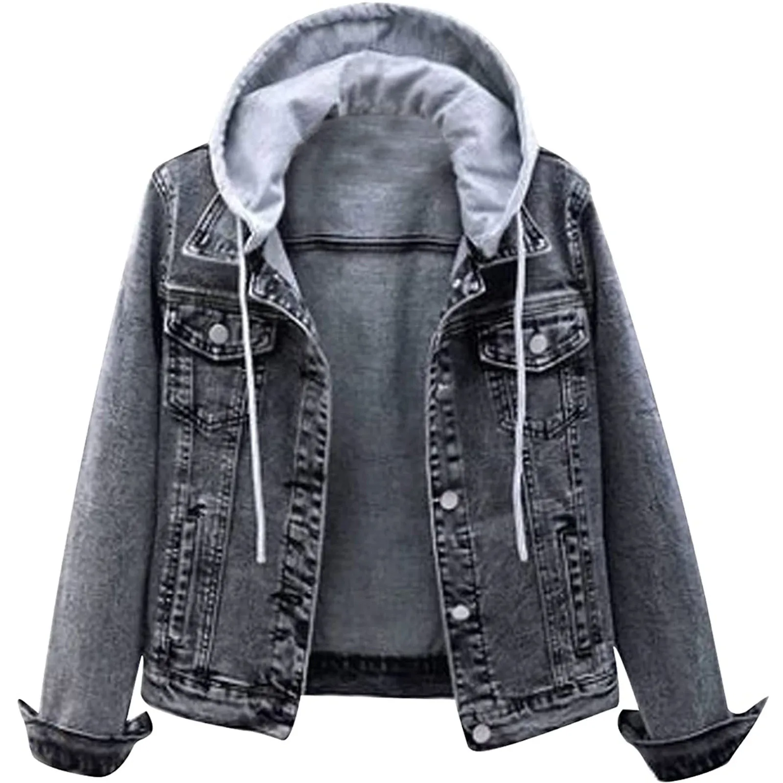 

Women Button Detachable Hoodie Denim Jacket Vintage Down Damaged Short Autumn Winter Jackets Zip Up Outwear Coats Loose Coat