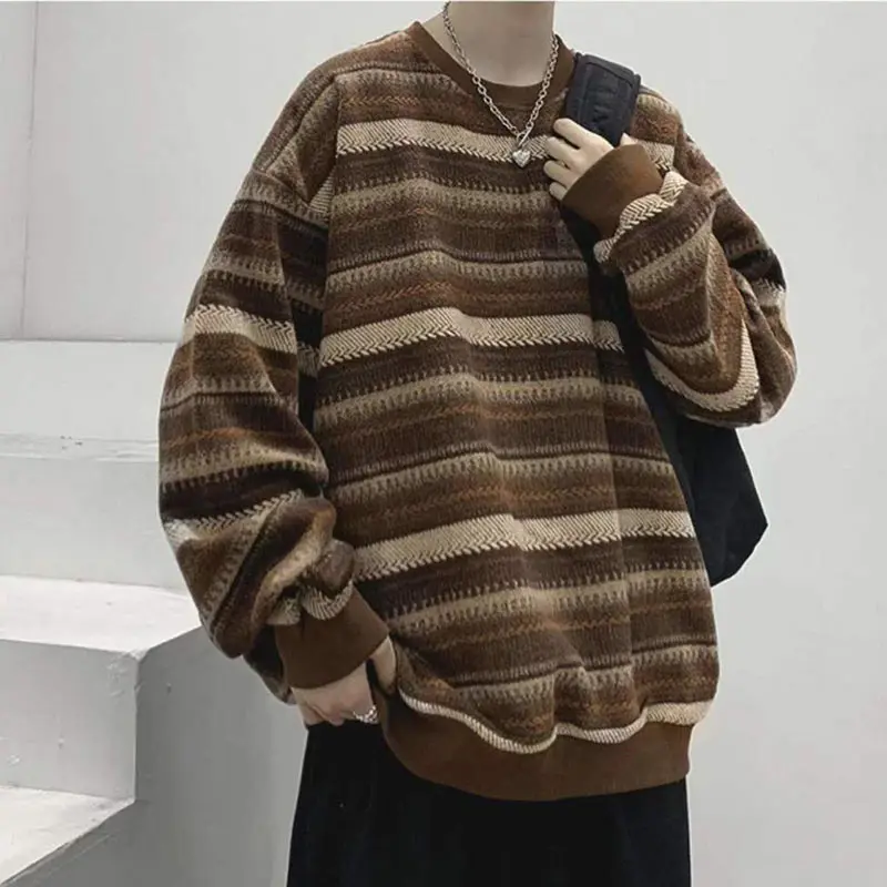 

Vintage Striped Sweatshirt Men Autumn Long Sleeve Retro Oversize Sweatshirt Hip Hop BF Unisex Couples Winter Pullovers Tops