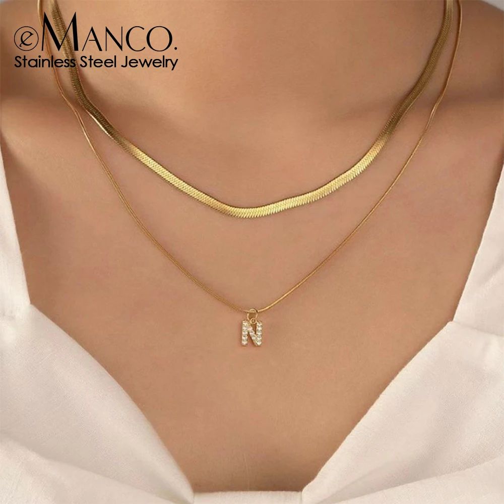 EMANCO  Double Zirconia Letter Pendant Necklace Gold Plated Herringbone Snake Chain Necklaces Stainless Steel Jewelry Factory