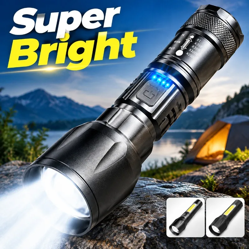 Super Bright Rechargeable Flashlight Zoomable Focus Wide Flood Beam For Outdoor Patrol Adjustable Beam Lighting Search