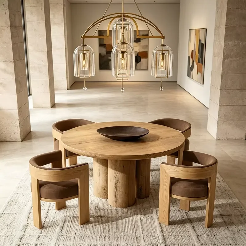 Customizable Modern Premium Oak Soild Wooden Cylinder Round Dining Table Armchair Dining Set for 4 Seats