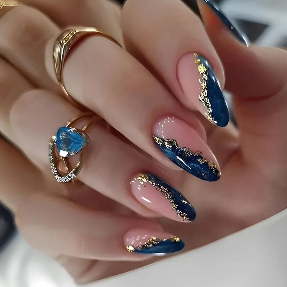 24 pçs glitter pó dourado unhas falsas francesas doce legal azul amêndoa imprensa em unhas cobertura completa acrílico wearable ins unhas falsas