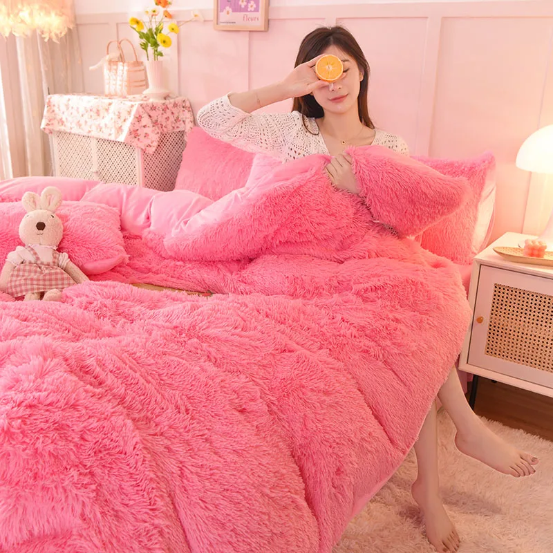

Thickened mink four-piece set winter Warm plush duvet cover flat sheet pillowcases Colorful crystal velvet 4PCS sets queen king