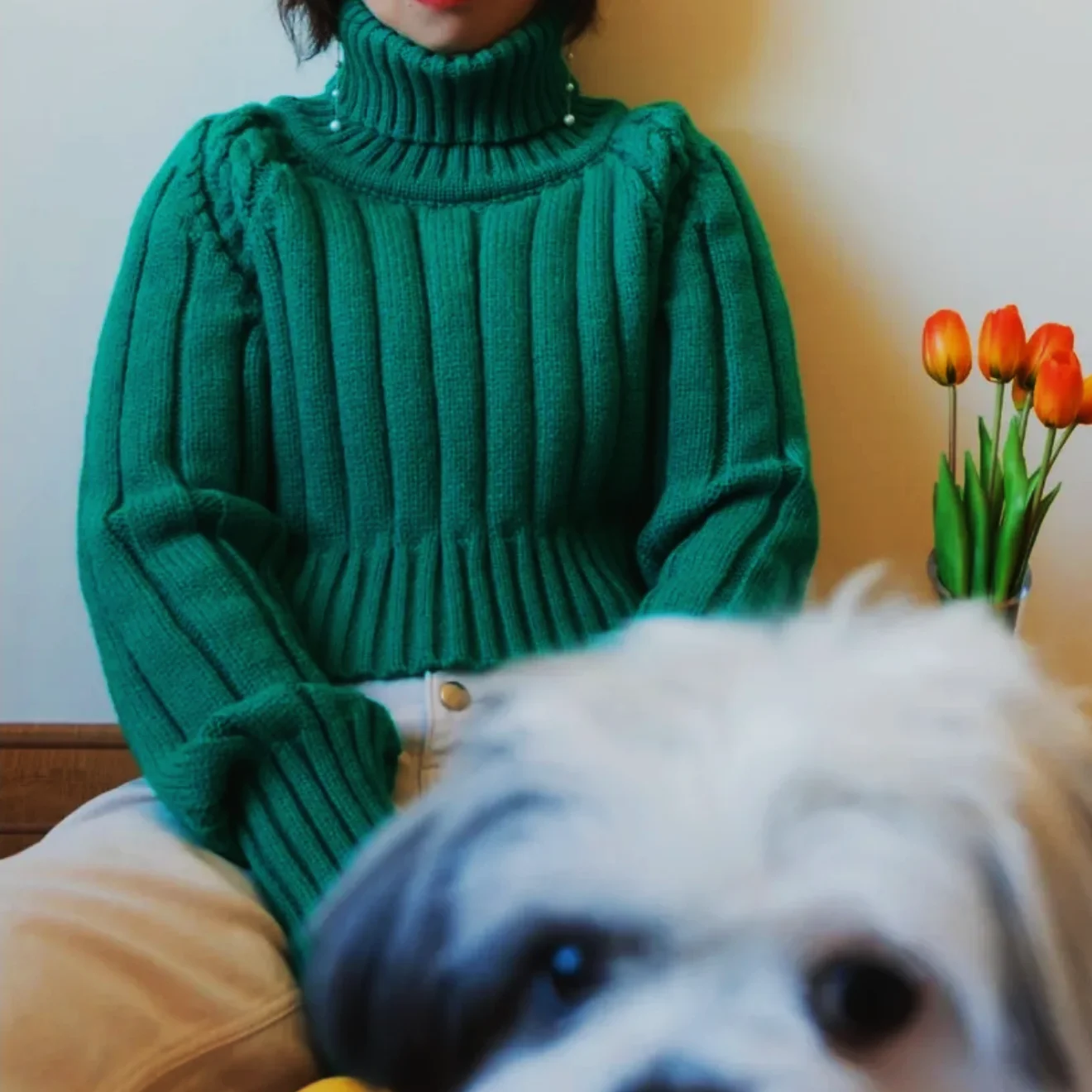 

Eye-ching Gem een Knitted High Ne ort Sweater Twist Weave Warm Autumnal Faion Sweet Sle Straight Tube Button Detail