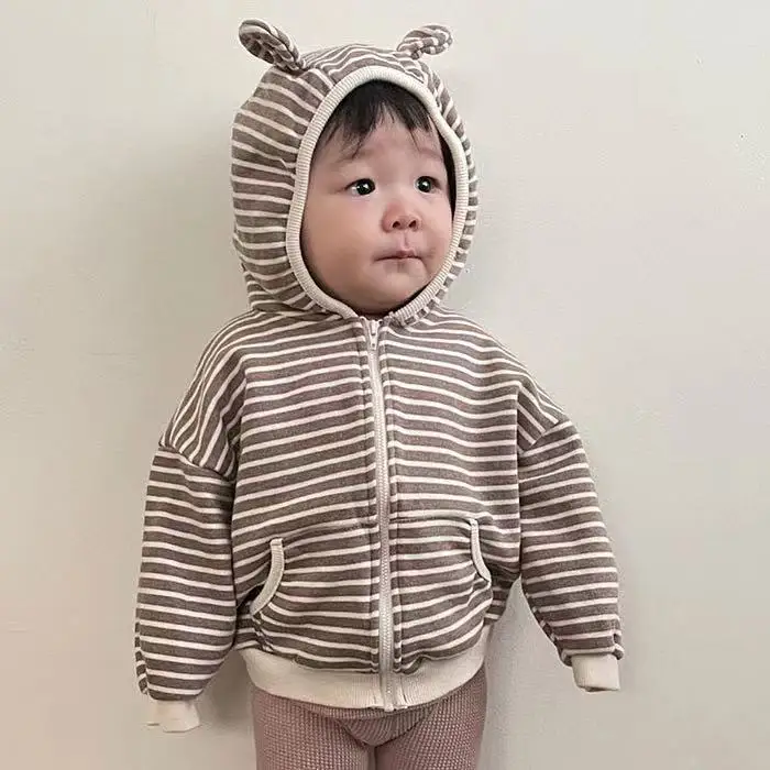 Spring and Autumn Infant Zipper Shirt Striped Hooded Jacket Boys and Girls Pocket Sweater Cardigan