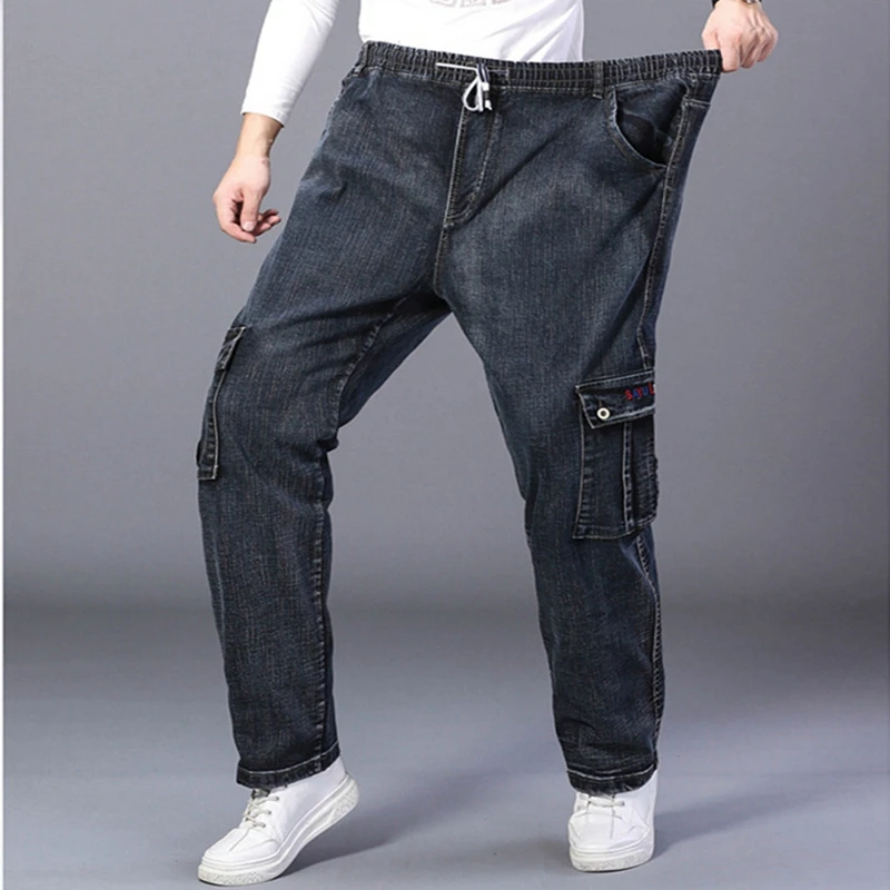 Autumn and winter plus size men\'s casual stretch jeans 9XL 8XL 7XL fashion multi-pocket loose high waist straight long jeans.