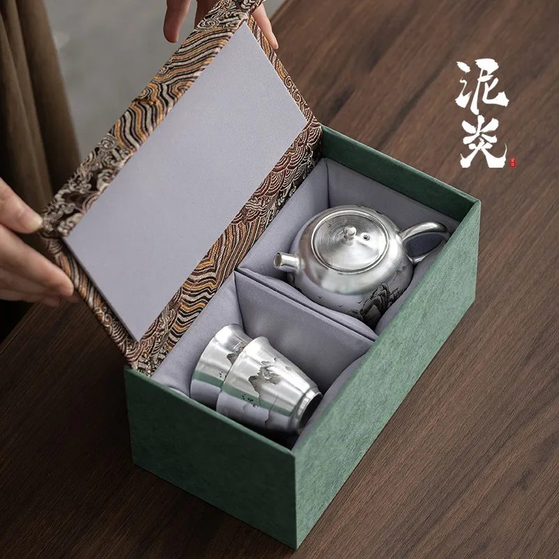 

Silver Ink Mountain Residence One Pot Two Cups Set, Chinese High End Kung Fu Tea Set, Teapot Tea Cup Gift Box