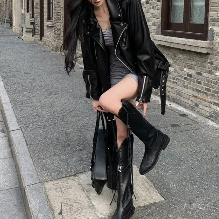 Autumn 2025 New Street Cool Leather Jacket Women's Loose Niche High-end Motorcycle Jacket Cropped Jacket