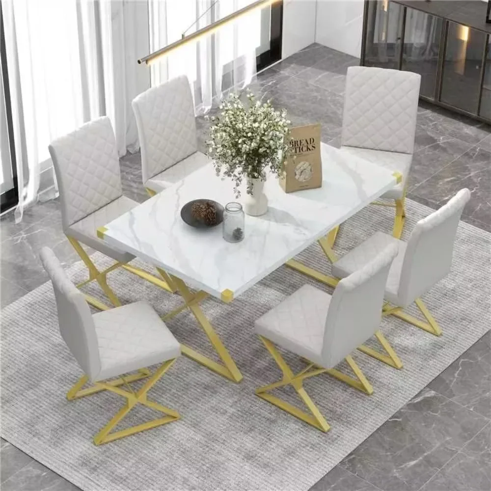 7-Piece Modern Furniture Set,Rectangular Marble Texture Kitchen Table,and 6 PU Leather Chairs with X-Shaped Gold Steel Pipe Legs