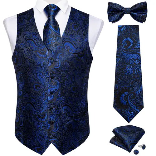 Men Black Paisley Vest Necktie Bowtie Pocket Square Cufflinks Dress Set жилетка мужская Classic 5 PCS Business Waistcoat for Man - Image 14
