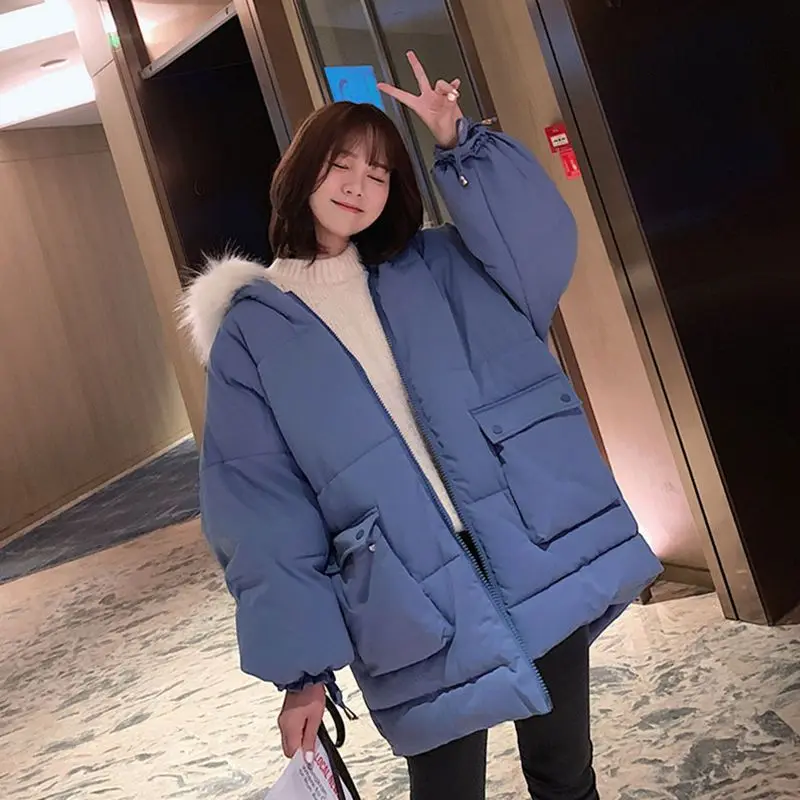 Nova jaqueta de inverno, jaqueta de algodão feminina de médio a longo, roupa de estudante solta, jaqueta de algodão com gola de pele grande