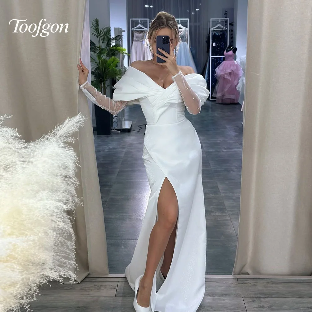 

Toofgon Sexy High Slit Mermaid Wedding Dresses Off Shoulder Long Pearl Sleeve Bride Gown Beach Boho Bridal Party Gown Customized