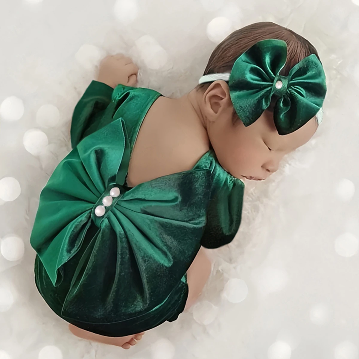 Ylsteed Newborn Photography Outfits Back Bow Velvet Romper With Headband Infant Photography Props