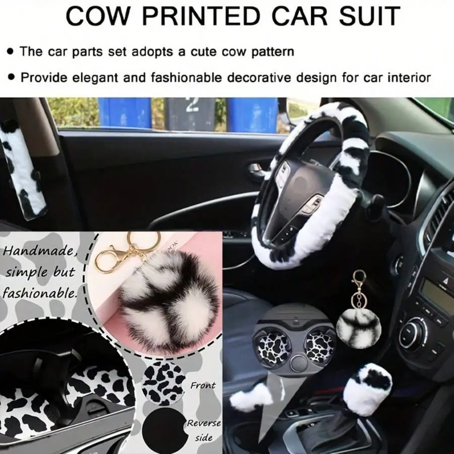 All Inclusive 48PCS Cow Print Faux Fur Car Seat Covers Set Women Fluffy Steering Wheel Cover Universal Fit Interior Accessories