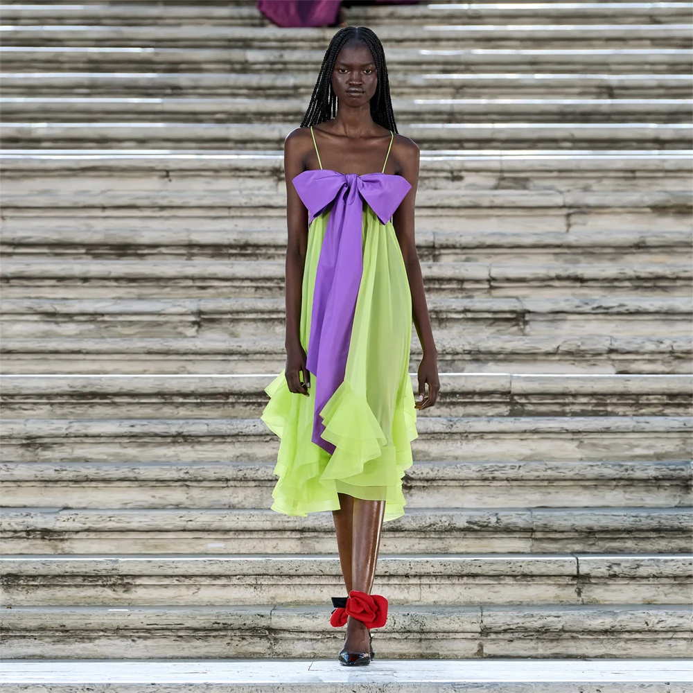 

Fashion Pretty Elegant Women Dress Spaghetti Strap Ruffles A-Line Purple Big Bow Summer Casual Evening Prom Dress Custom Made