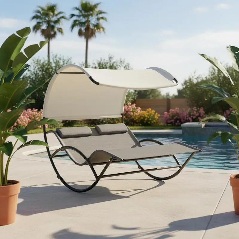 Outdoor Double Chaise Rocking Chair, Day Bed Sun Lounger with Canopy Shade, Headrest Pillow, Armrests for Garden, Poolside, Light Gray