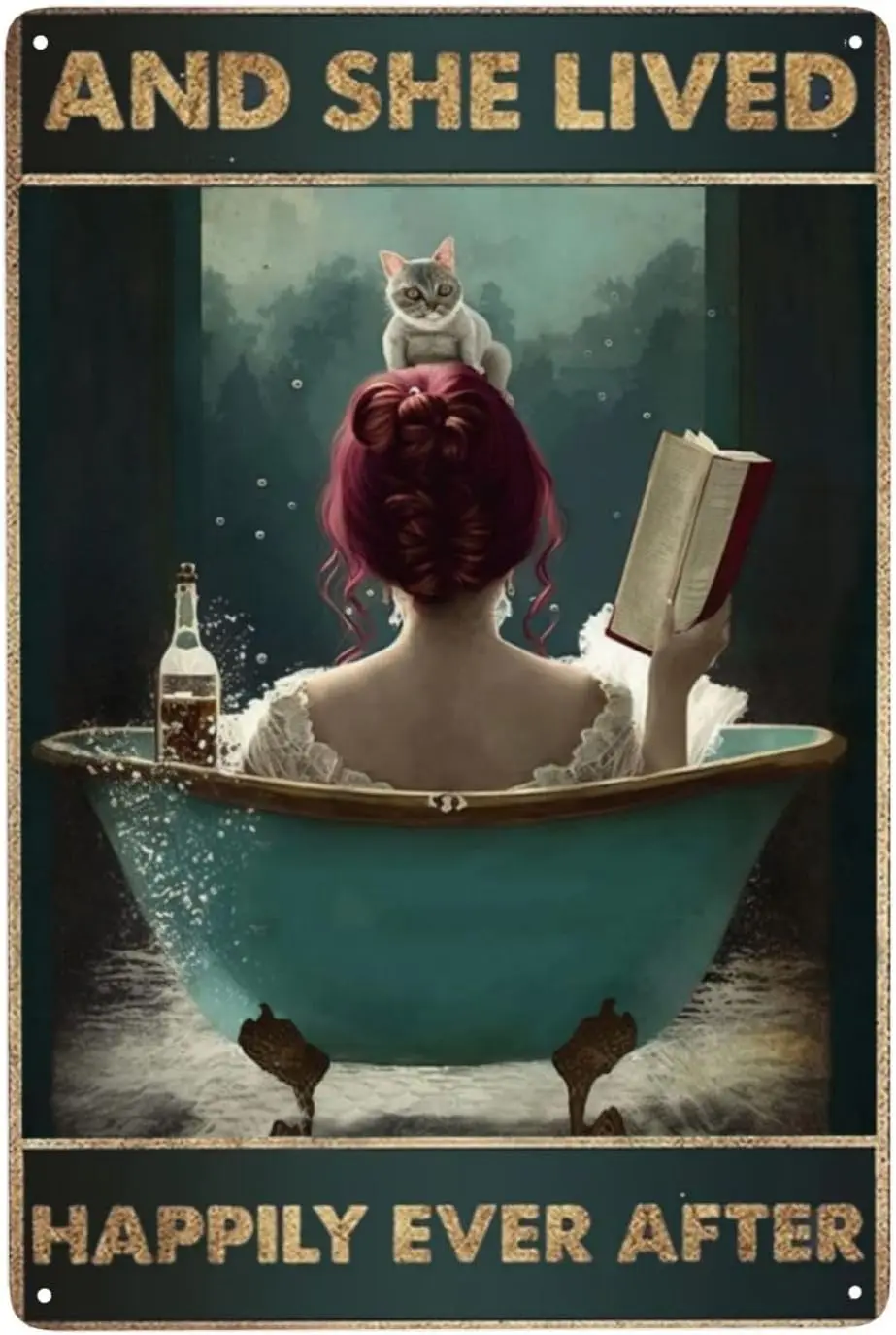 ZHIQUN Cat Reading Tin Sign - Vintage 'She Lived Happily Ever After' Design - Retro Metal Wall Art for Dining Room or Ba