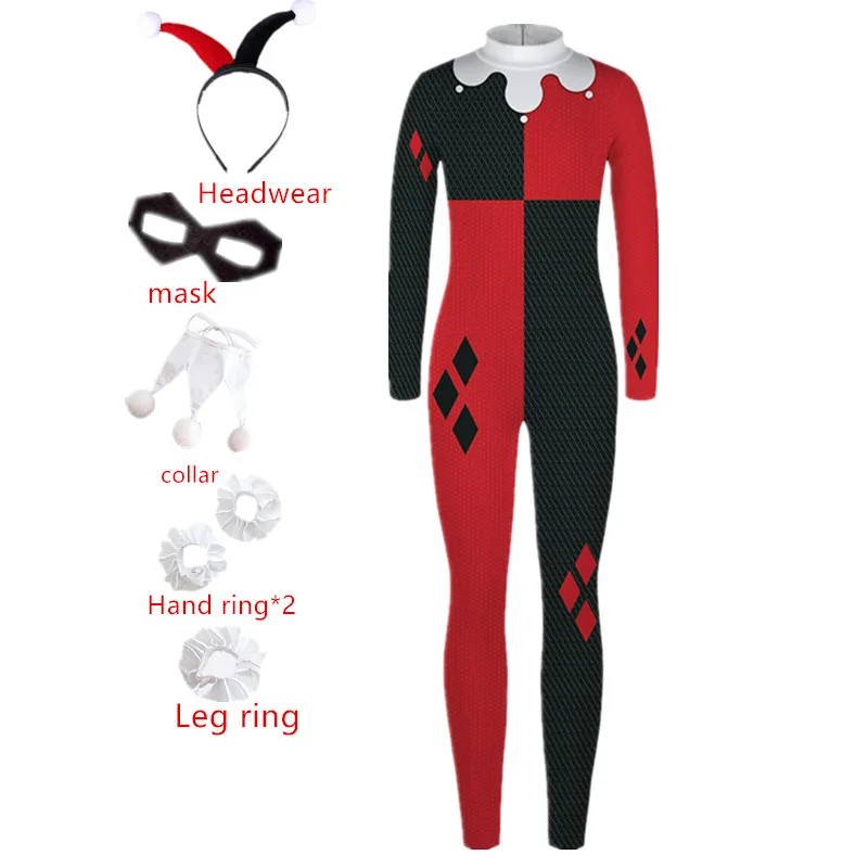 Harleen Quinzel Superhero Jumpsuit for girls Adult Kids Catsuit Sexy Women clown female Cosplay Costumes Halloween Bodysuit
