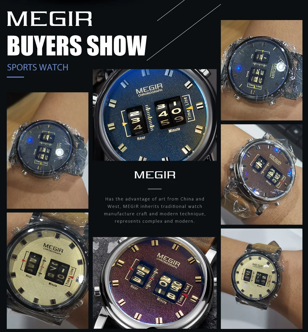 MEGIR Roller Pointer Watches for Men Luxury Military Sport Watch Leather Strap Quartz Wristwatch Clock Relogio Mascilino 2137