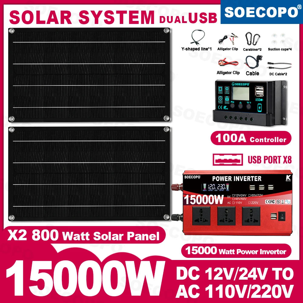 SOECOPO 15000 W Komplettes tragbares Photovoltaik-Kit 2 x 800 W Solarmodule DC 110 V/220 V Wechselrichter 100 A Controller Balkonkraftanlage