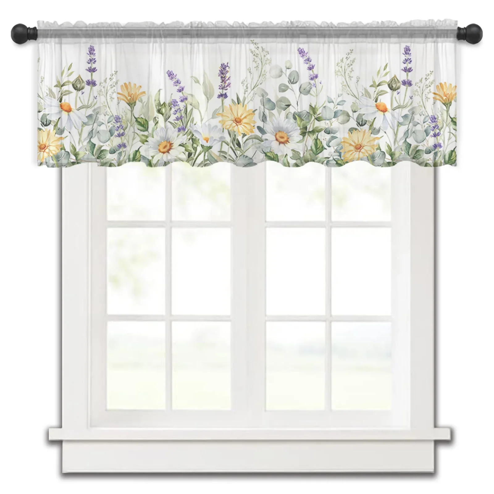 Daisy Lavender Plant Flowers Small Window Curtain Valance Sheer Short Curtain Bedroom Home Decor Voile Drapes