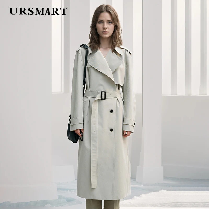 Grey Knee-Length Women's Trench Coat – Minimalist Design Custom Cotton Waterproof