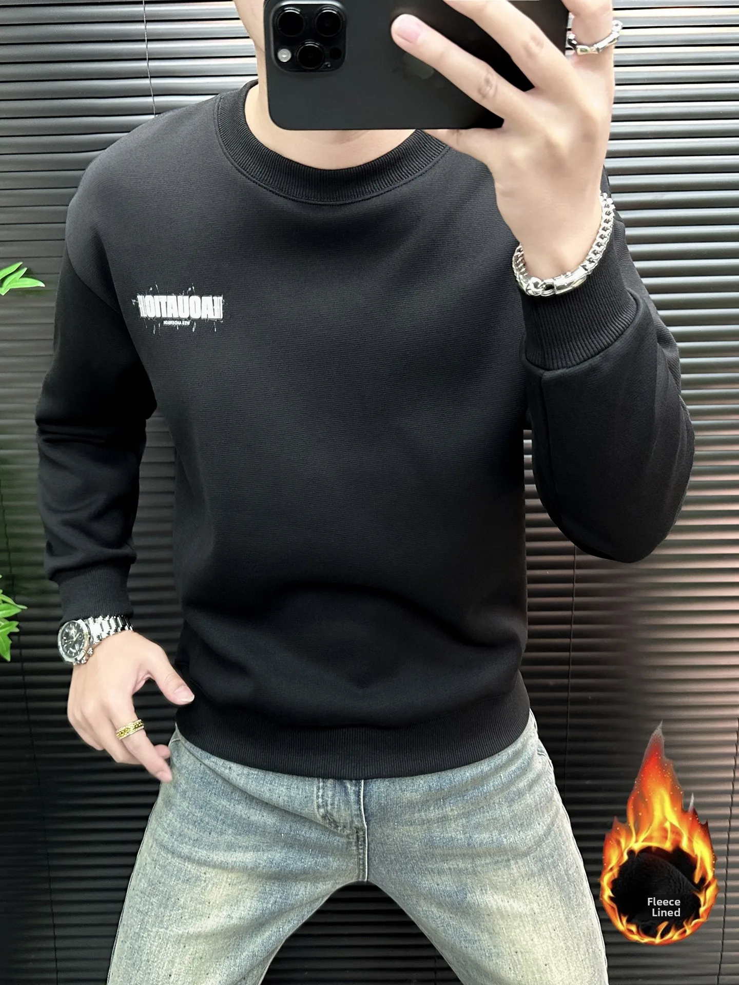 

High-End Men's Fleece-Lined Long Sleeve round Neck Sweatshirt Casual Winter Fashion Simple Base Layer Top Comfortable Wear