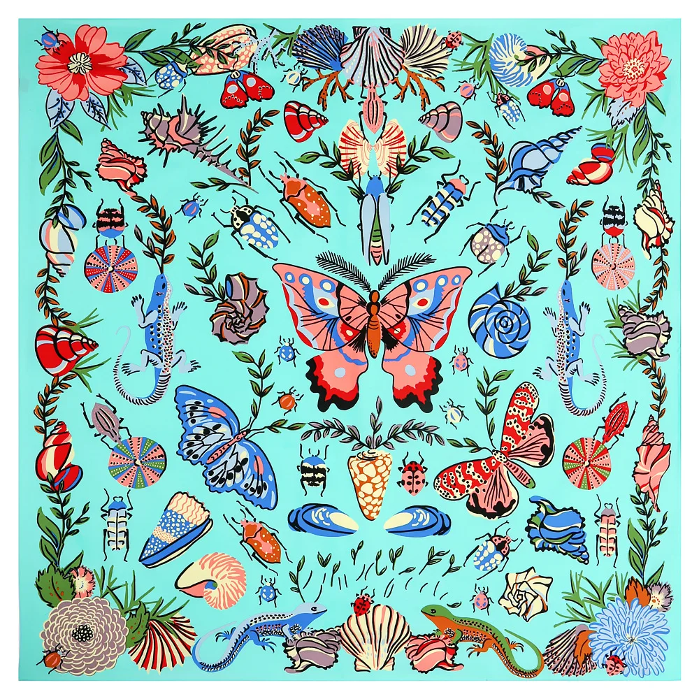 130cm Twill Silk Big Butterfly Insect Print Female Headscarf Shawl Scarf Neck Gaiter Kerchief Sunscreen Head Scarves Beach Towel