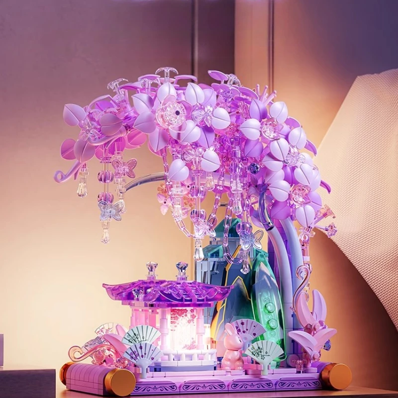 مكعبات بناء مجتمع ضوء القمر بيت شجرة ساكورا DIY لعبة تجميع إبداعية هدية عيد ميلاد حالمة للفتيات