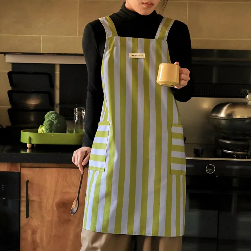 Summer Waterproof Polyester Cotton Stripe Apron with Pocket Cross-back Women's Kitchen Apron for Cooking Cleaning Baking Working