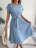 Women Spring Summer Short Sleeve High Waist Chic Dress Fashion Floral Pleated A Line Long Dress - Image 5