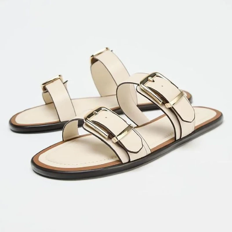 

Brand Flat Slippers Sandals for Women Metal Double Buckle Design Double Wide Strap Roman Beach Shoes Flip Flops Comfort Loafers