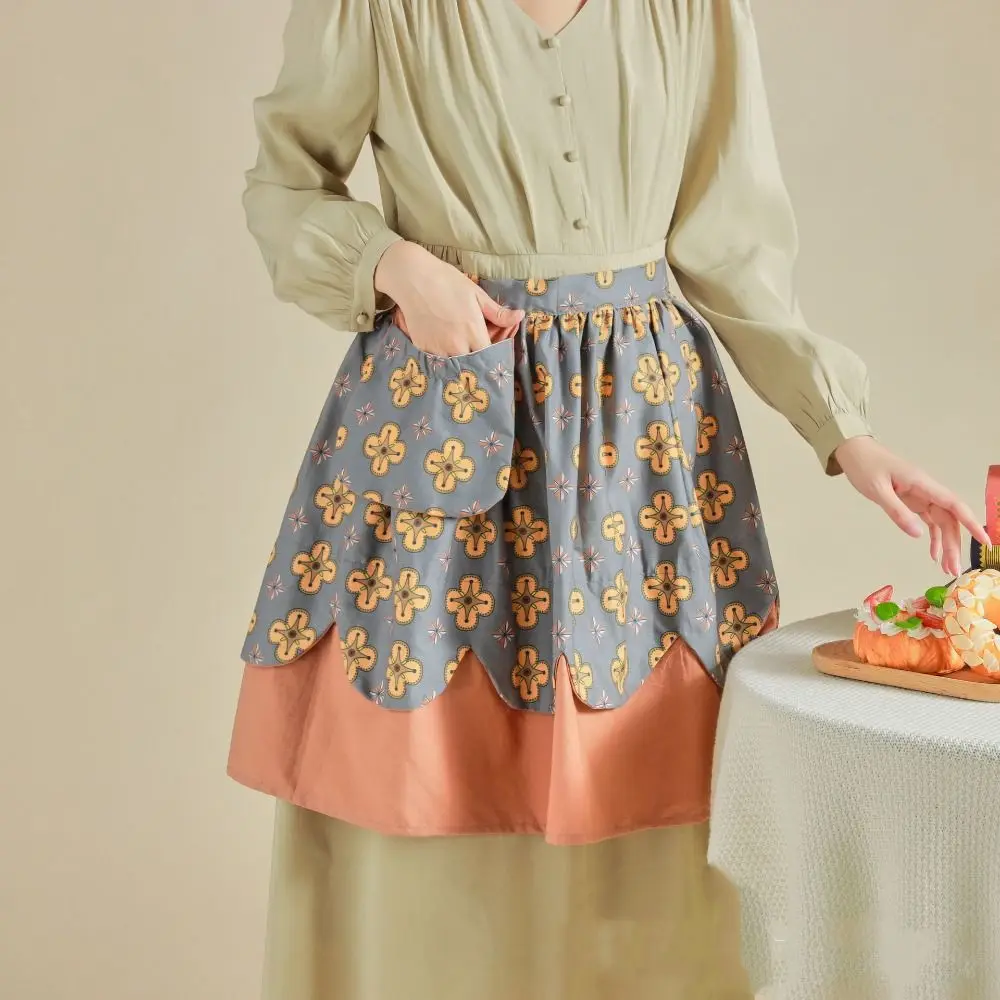 Durable Retro Flowers Half Waist Apron Fashion Korean Style Women's Waist Apron Cotton Anti-fouling Half-body Apron Home