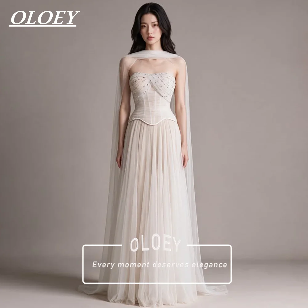 OLOEY Elegant Ivory Strapless Beaded Tulle Wedding Dress With Scarf Floor Length A Line Formal Bridal Gown Corset Customized