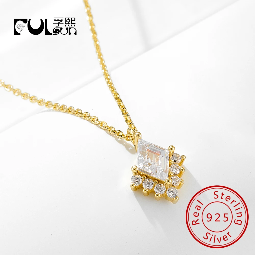 

Fashion 925 Sterling Silver 14K Gold Plated Cubic Zirconia Rhombus Necklace Women Jewelry