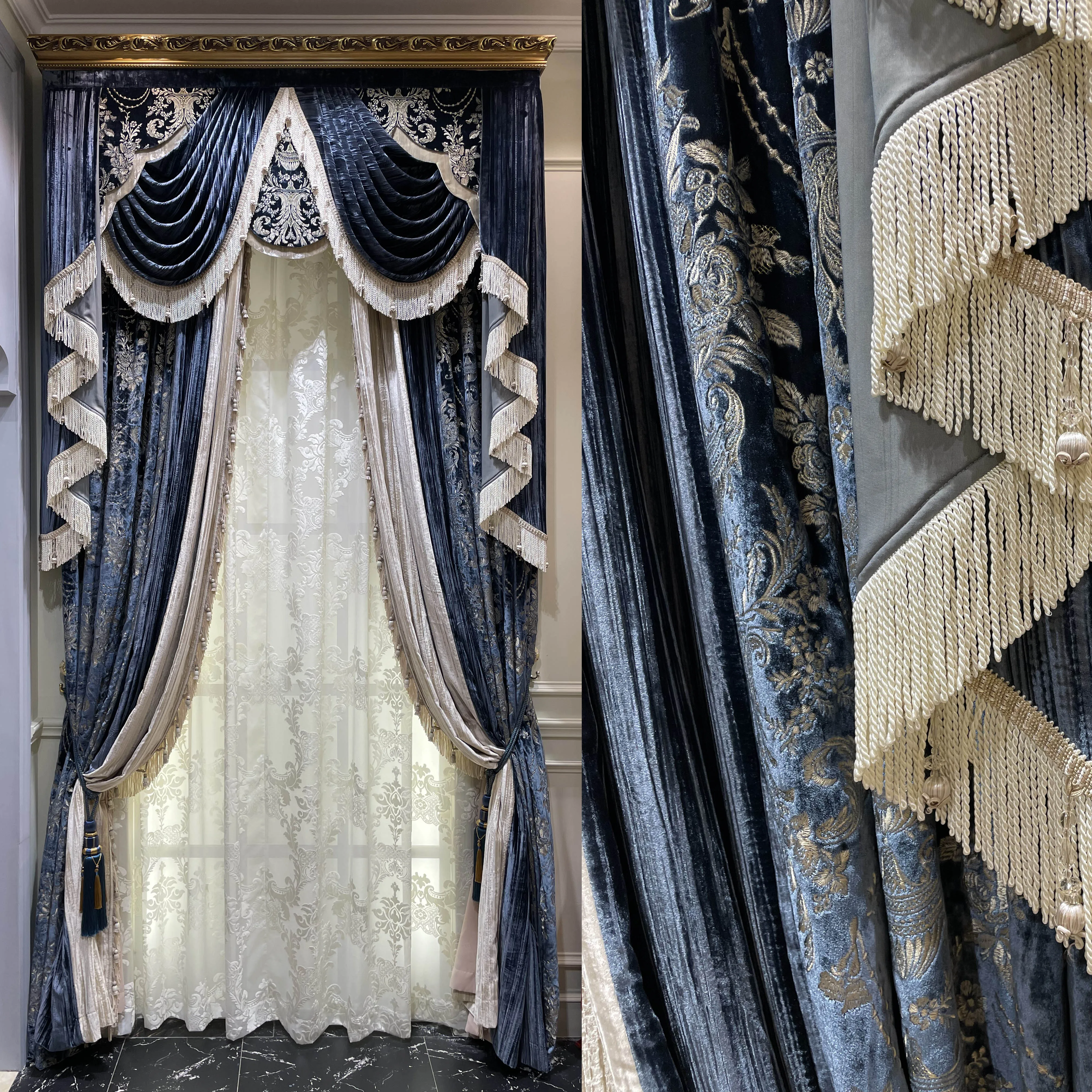 Custom Gorgeous velvet stamping vintage palace American living room blue cloth valance blackout curtain tulle drape C1991