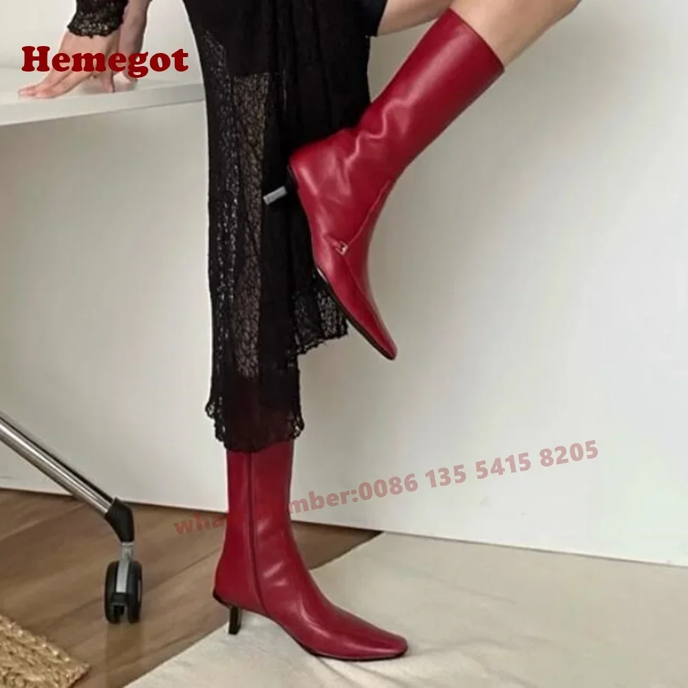 Burgundy Retro Kitten Heels Knee High Boots Side Zipper Square Toe Women's Long Boots Winter Western Cowboy Boots Solid Leather
