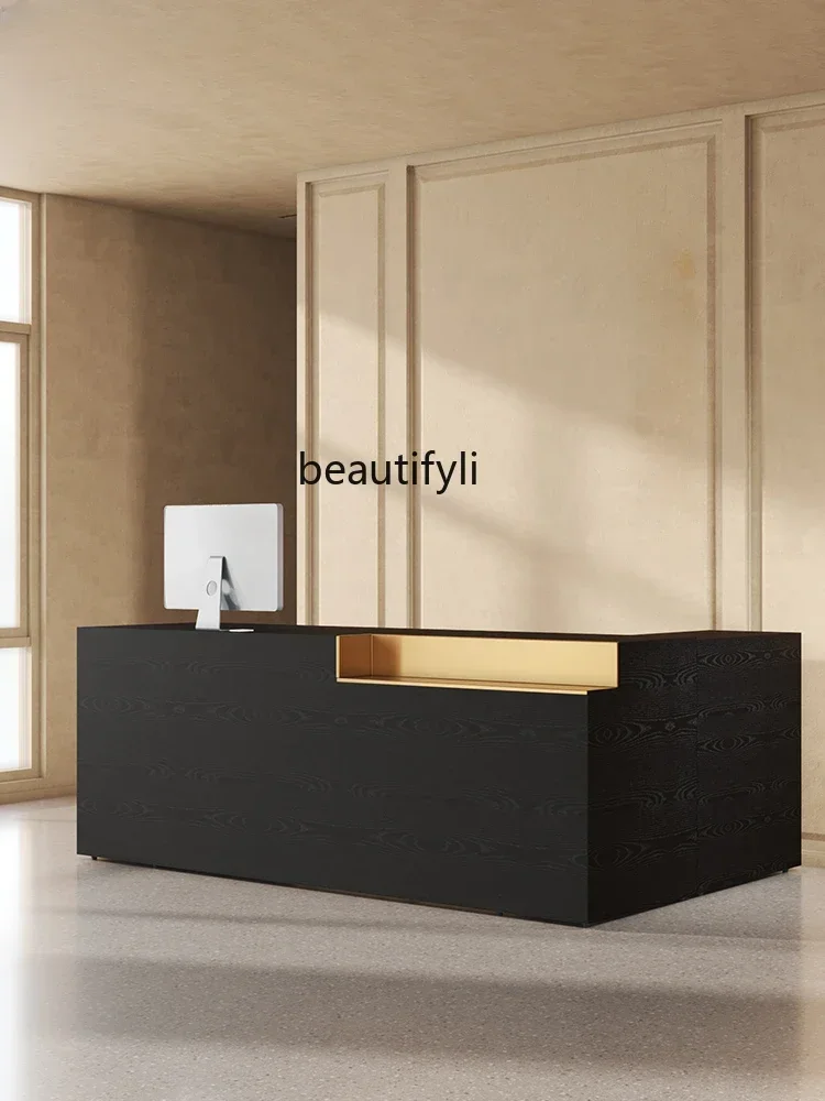 Shop with corner light luxury cashier counter company office front desk hotel L-shaped black reception desk