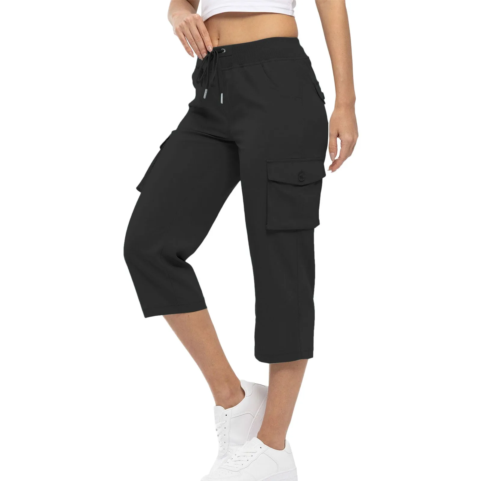 

2024 Women Cargo Capris Hiking Pants Summer Casual Drawstring High Waisted Solid Drawstring Casual Linen Pants Women Trousers