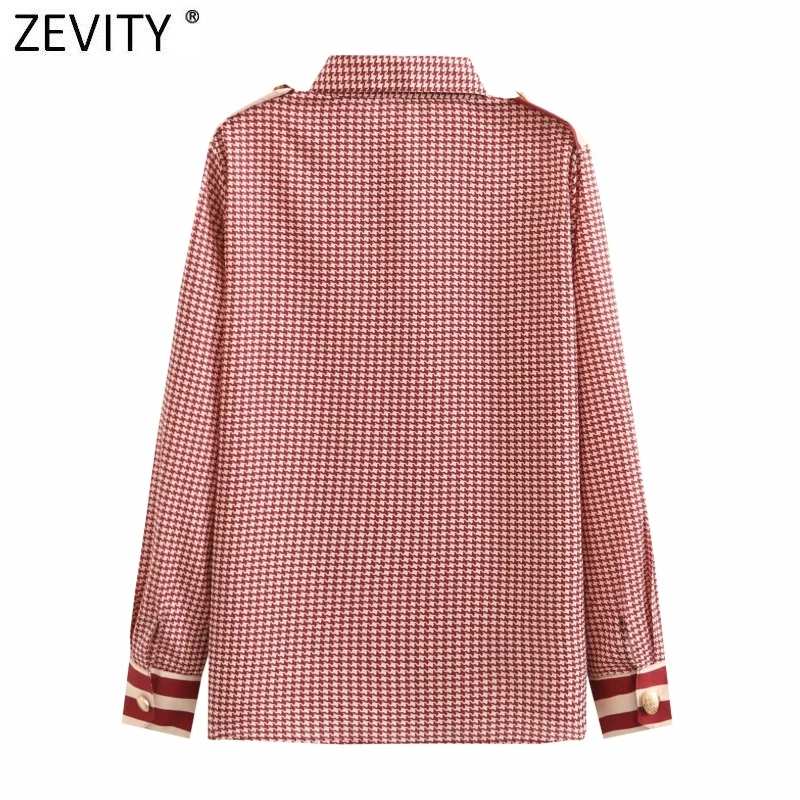 Zevity Women Vintage Red Houndstooth Print Patchwork Casual Smock Blouse Office Lady Pocket Patch Shirts Chic Blusas Tops LS9341