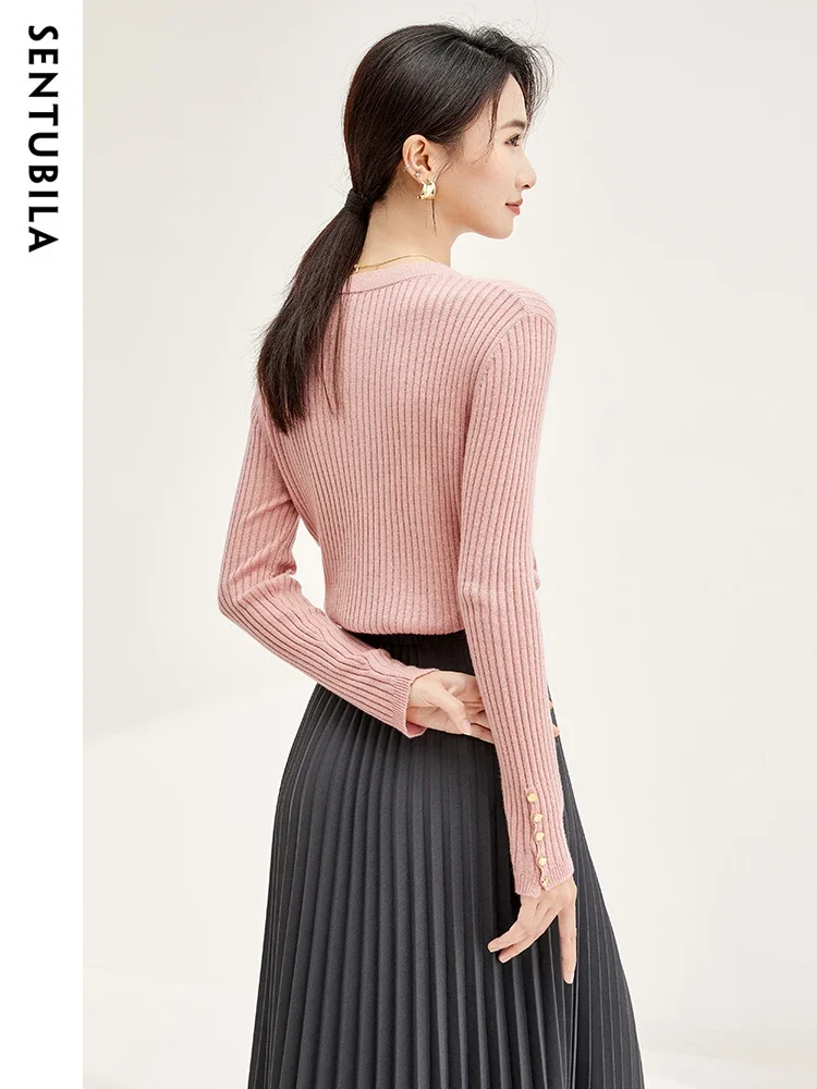 SENTUBILA Pullover Sweaters Soft Knit Tops for Women 2024 Spring Fashion Simple Round Neck Knitwear Basic Jumpers W33H51125