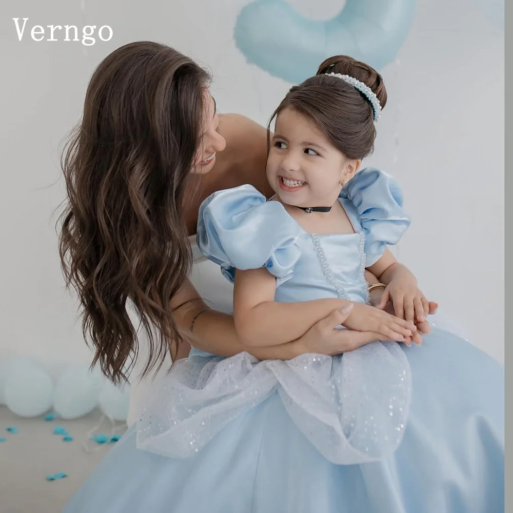 

Verngo Blue Satin Girl Birthday Party Dress Square Collar Short Sleeves Flowers Dress Elegant Princess Celebrity Kid Gown