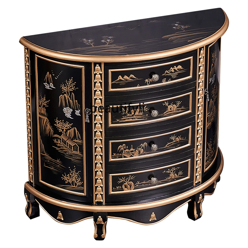 

New Classical Chinese Style European-Style Painted Carved Gold-Painted Solid Wood Semicircle Arc Console Tables Cabinet